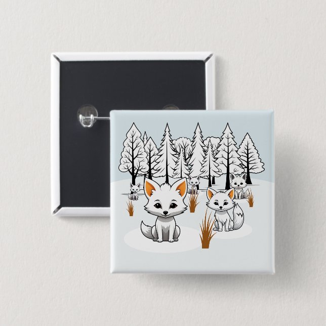 Arctic Foxes - Winter Landscape 2 Inch Square Button (Front & Back)