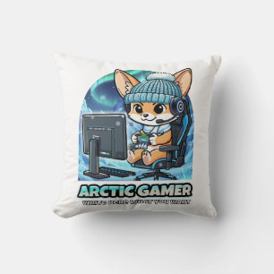 Arctic Gamer Fennec Fox - Winter Gaming Aurora Bor Throw Pillow