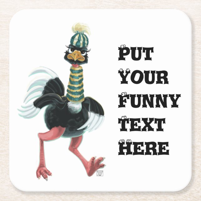 Arctic Ostrich on the Run Square Paper Coaster (Front)