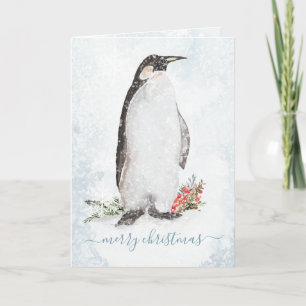 Arctic Penguin Blustering Winter Scene Snowflakes Holiday Card