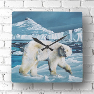 Arctic Polar Bear Blue Square Wall Clock
