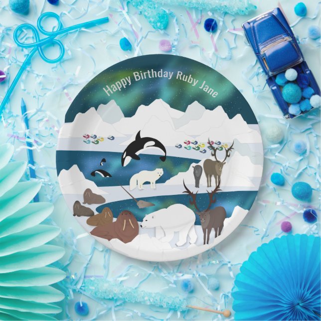 Arctic Polar Bear Reindeer Walrus Orca Narwhal Fox Paper Plate (Party)