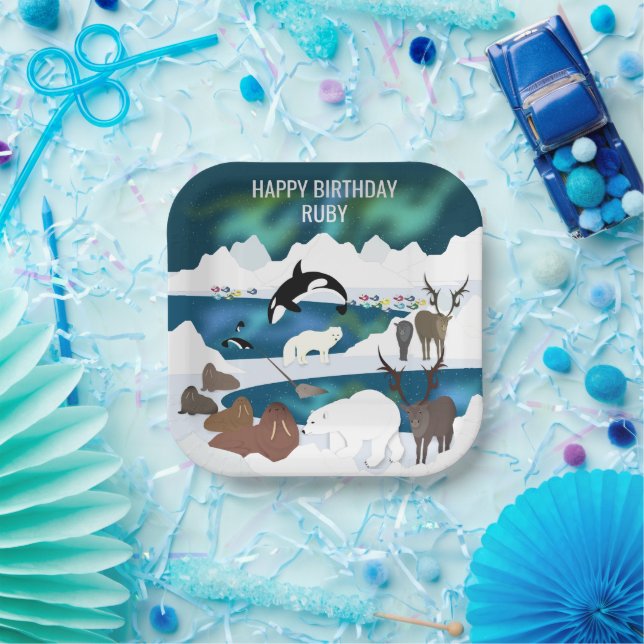 Arctic Polar Bear Reindeer Walrus Orca Narwhal Fox Paper Plate (Party)