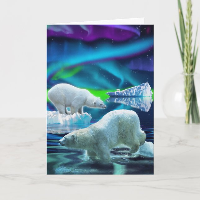 Arctic Polar Bears & Aurora Art Greeting Cards (Front)