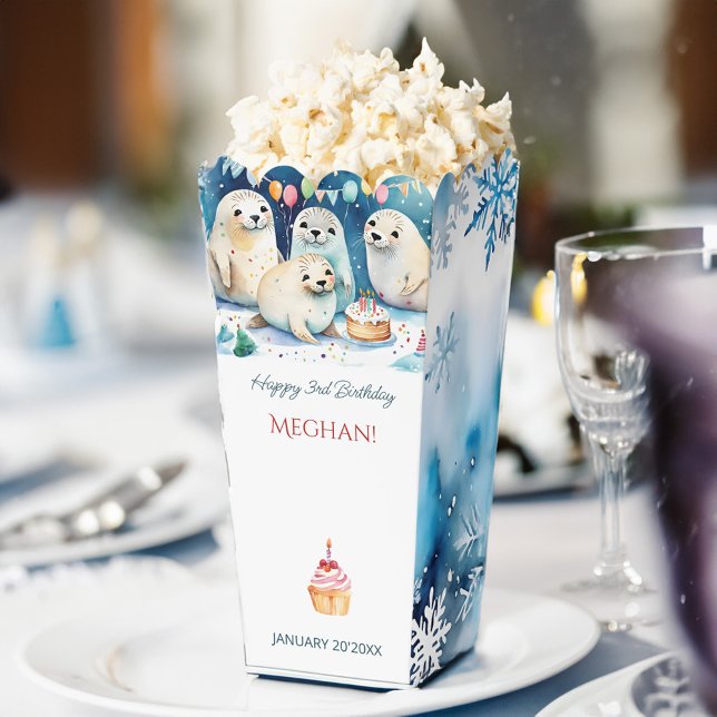 Arctic seal winter birthday personalized popcorn favor box (Arctic seal winter birthday party personalized popcorn favor boxes winter wonderland party supplies)