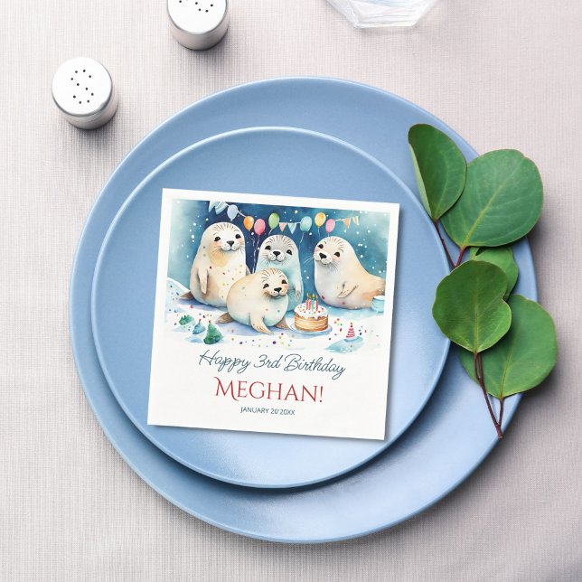 Arctic seal winter birthday personalized template napkin (Arctic seal winter wonderland birthday party personalized napkins template customizable table decor)
