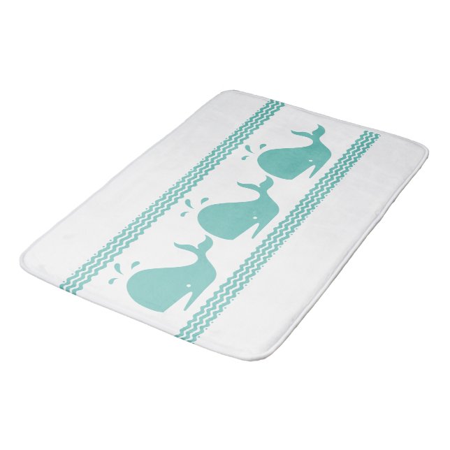 Arctic Teal Blue Whale & waves Blue & White Bath Mat (Angled)