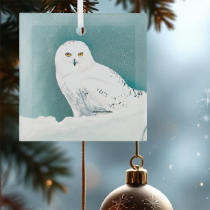 Arctic Teal Snowy Owl Glass Ornament