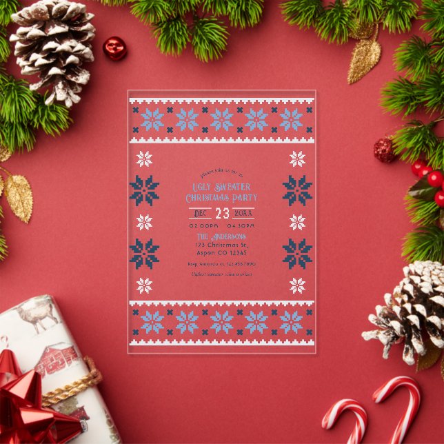 Arctic Velvet Ugly Sweater Christmas Party Acrylic Invitations (Insitu (Holiday))