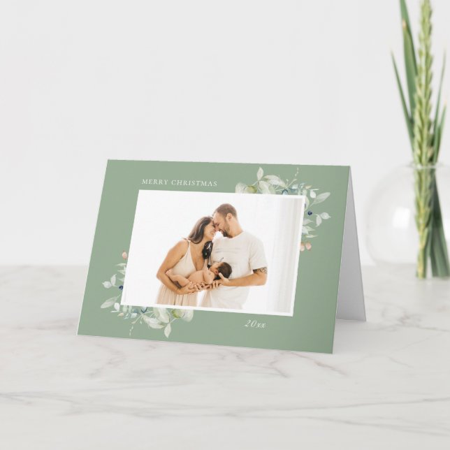 Arctic Winter Botanical Frame 4 Photo Sage Holiday Card (Front)