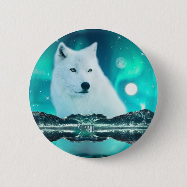 Arctic wolf and magical night with northern lights 2 inch round button (Front)