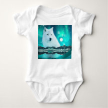 Arctic wolf and magical night with northern lights