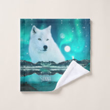Arctic wolf and magical night with northern lights
