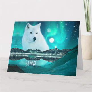 Arctic wolf and magical night with northern lights card