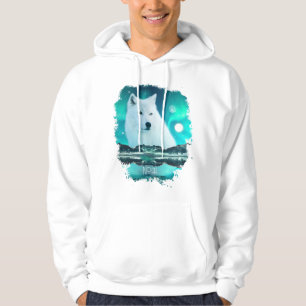 Arctic wolf and magical night with northern lights hoodie