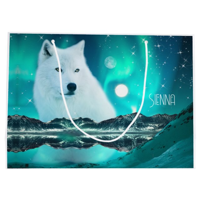 Arctic wolf and magical night with northern lights large gift bag (Back)