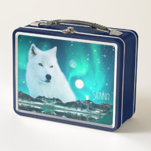 Arctic wolf and magical night with northern lights metal lunch box