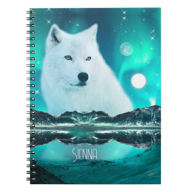 Arctic wolf and magical night with northern lights notebook (Front)