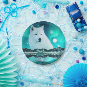 Arctic wolf and magical night with northern lights paper plate