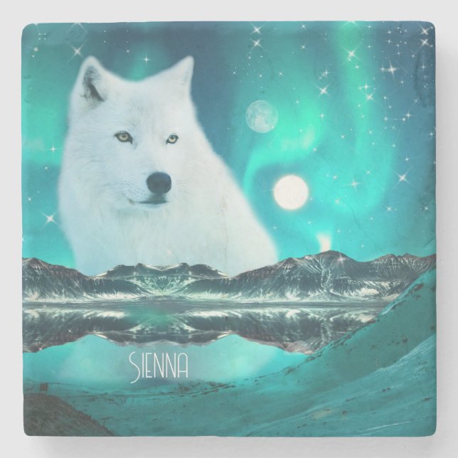 Arctic wolf and magical night with northern lights stone coaster (Front)