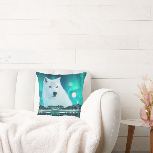 Arctic wolf and magical night with northern lights throw pillow (Couch)