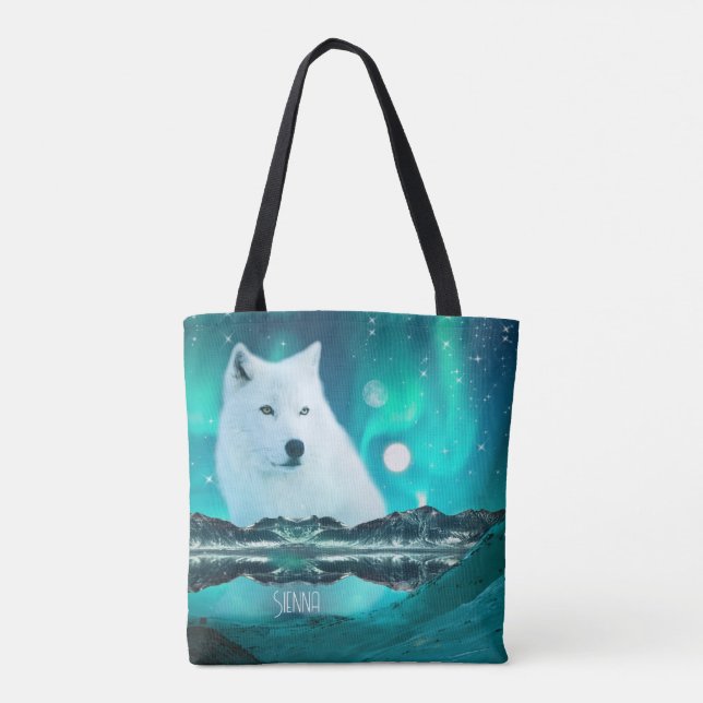 Arctic wolf and magical night with northern lights tote bag (Back)