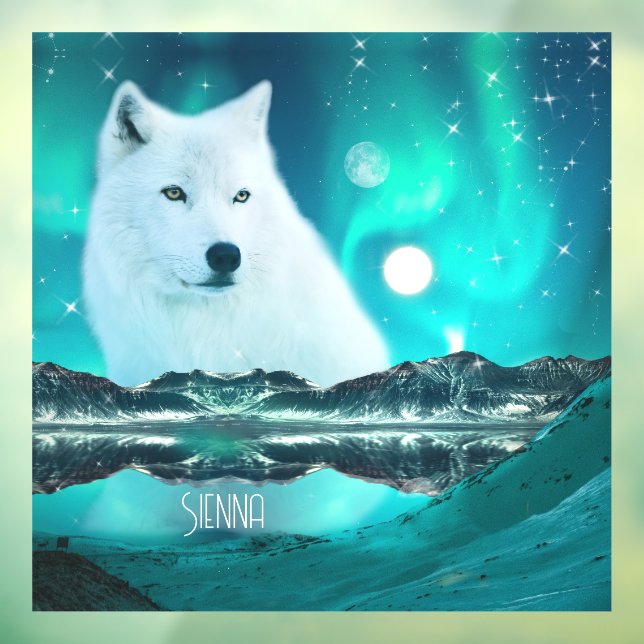 Arctic wolf and magical night with northern lights window cling (Sheet 3)