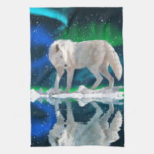 Arctic Wolf, Aurora & Falling Snow Wildlife Art Kitchen Towel