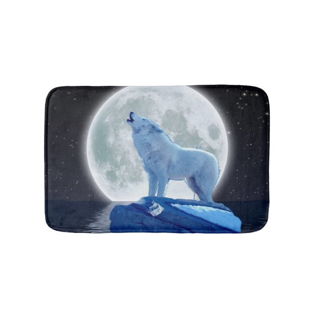 Arctic Wolf Howling at a Winter Moon Bath Mat (Front)