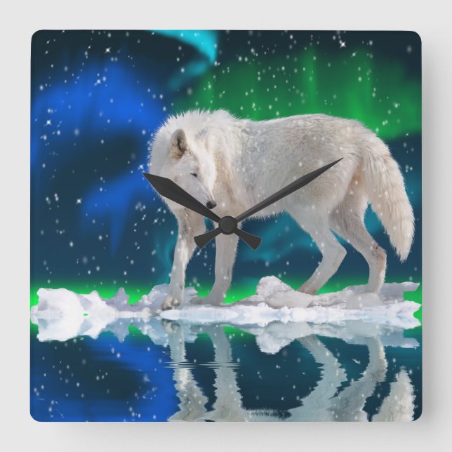 Arctic Wolf, Snow & Aurora Wildlife Art Clock (Front)