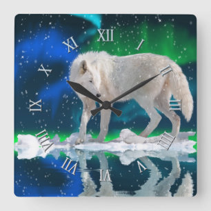 Arctic Wolf, Snow & Aurora Wildlife Art Clock