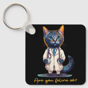 Are You Feline Ok Anthropomorphic Cat Nurse Stetho Keychain