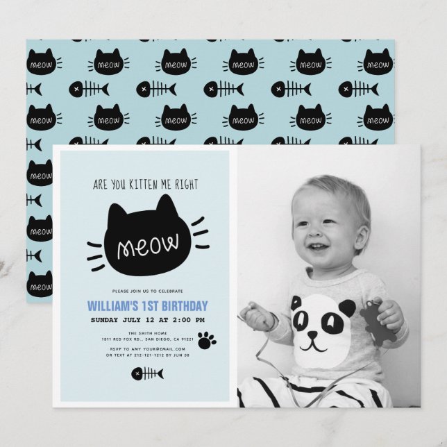 Are You Kitten Me Right Meow Blue BIrthday Photo Invitation (Front/Back)