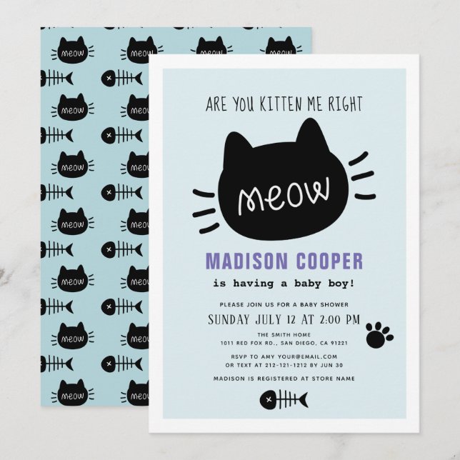 Are You Kitten Me Right Meow Blue Boy Baby Shower Invitation (Front/Back)