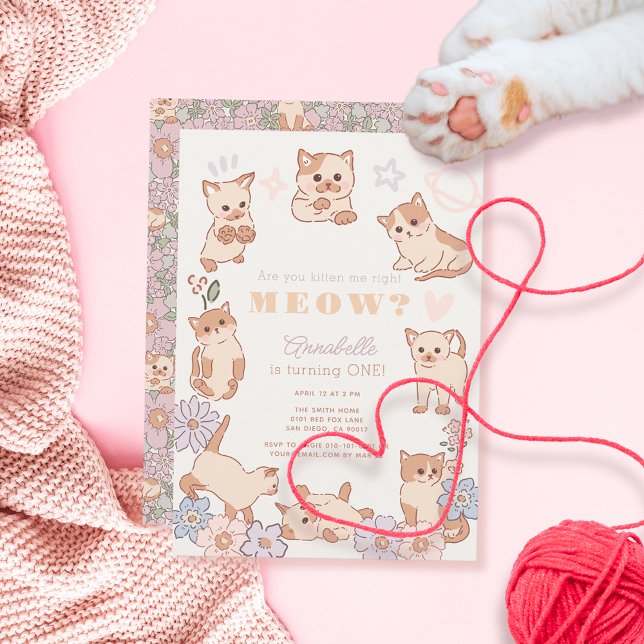 Are You Kitten Me Right Meow Floral 1st Birthday Invitation (Creator Uploaded)