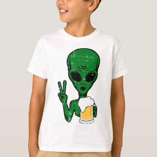 Area-51 Alien Beer Peace Sign Lazy Drinking Hallow T-Shirt