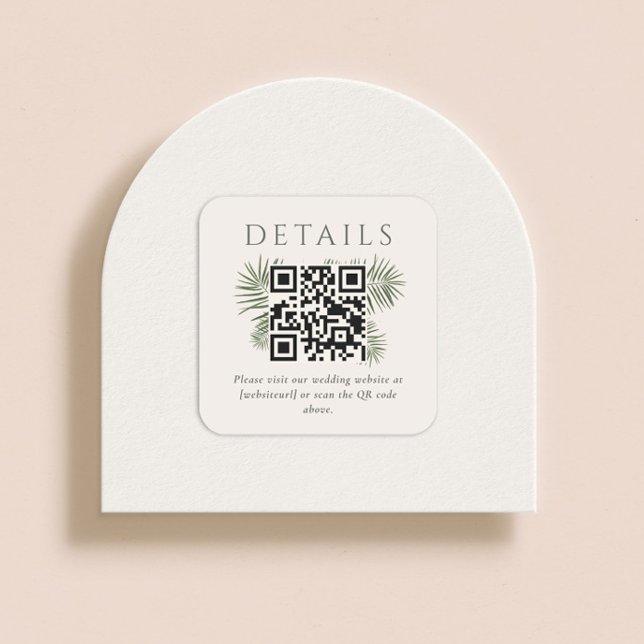 Areca Modern Watercolor Palm Wedding QR Code Square Sticker (Creator Uploaded)