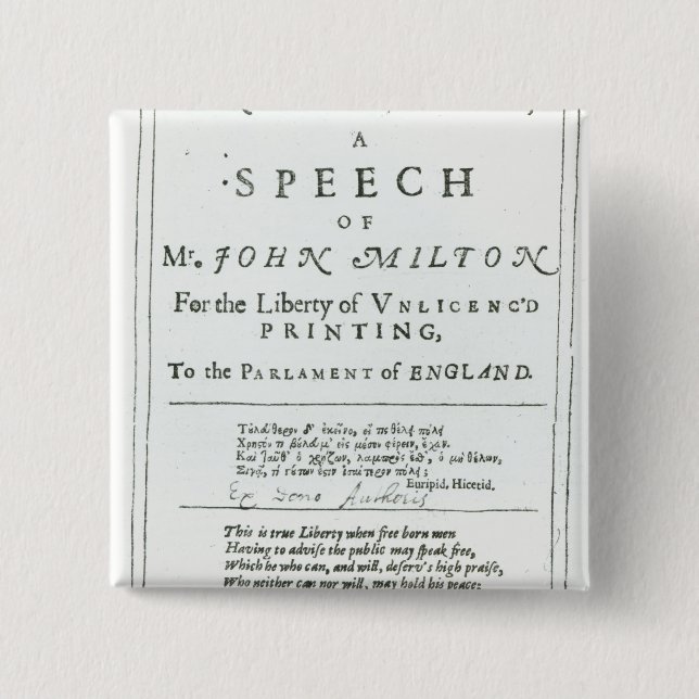 Areopagitica'  a speech of John Milton 2 Inch Square Button (Front)