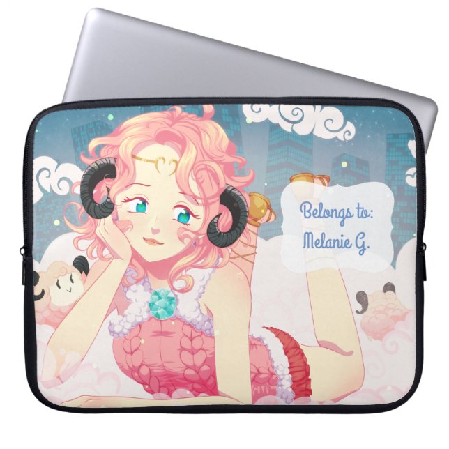 Ares anime girl with cute pink sheeps with name laptop sleeve (Front)