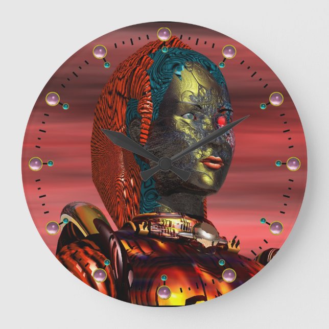 ARES CYBORG PORTRAIT Red Science Fiction Sci-Fi Large Clock (Front)