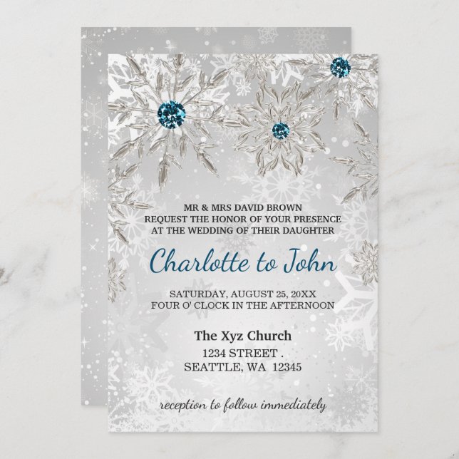 argent aqua flocons de neige invitation de mariage (Devant / Derrière)