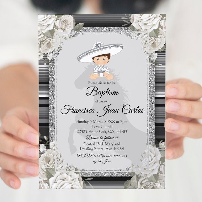 Argent Blanc Mexicain Boy Baptême Invitation (Créateur téléchargé)