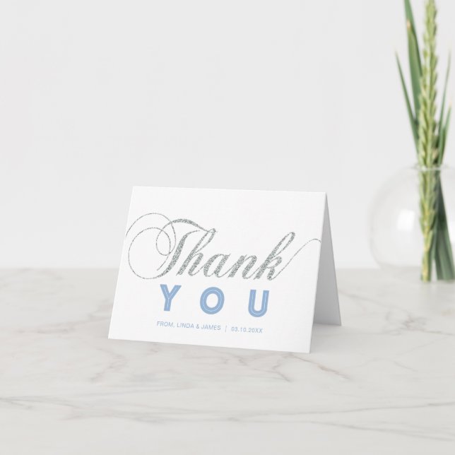 Argent et bleu | Modern Chic Party Merci Note (Devant)