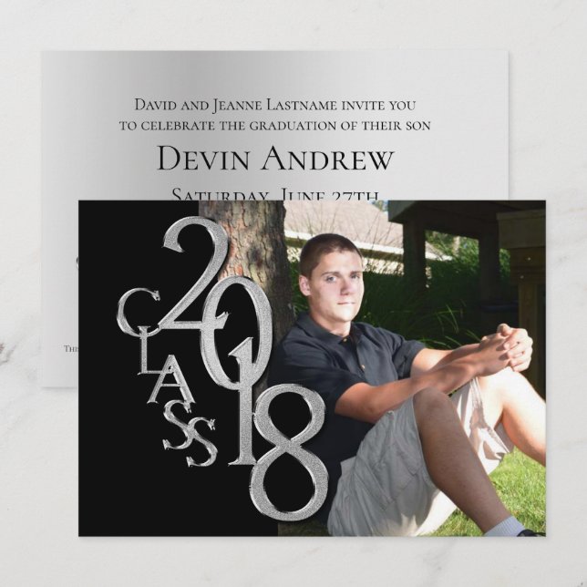 Argent et noir 2018 Photo Graduation Invitation (Devant / Derrière)