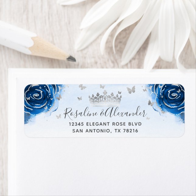 Argent et Royal Bleu Roses Adresse de retour (En situation)