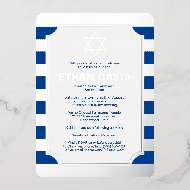 Argent Foil Barre tripée Mitzvah Invitation avec S (Recto)