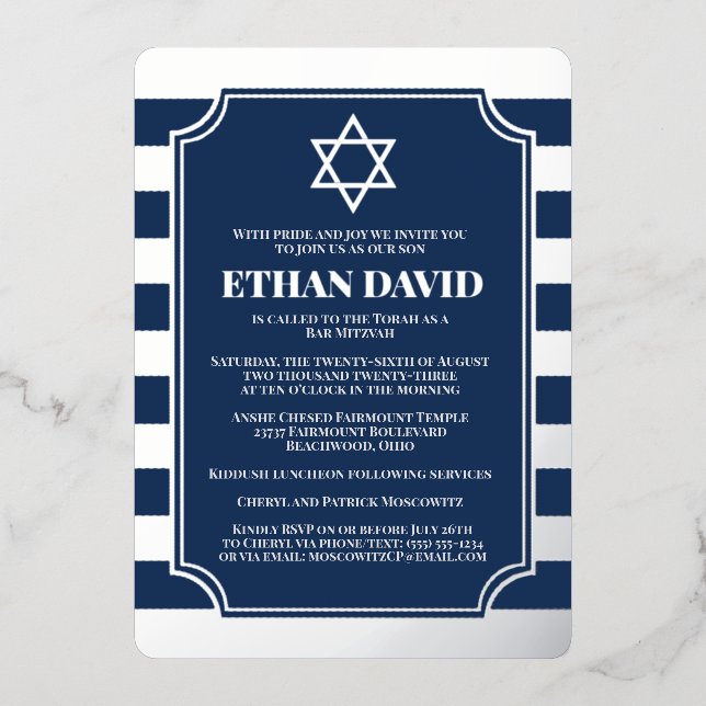 Argent Foil Barre tripée Mitzvah Invitation avec S (Recto)