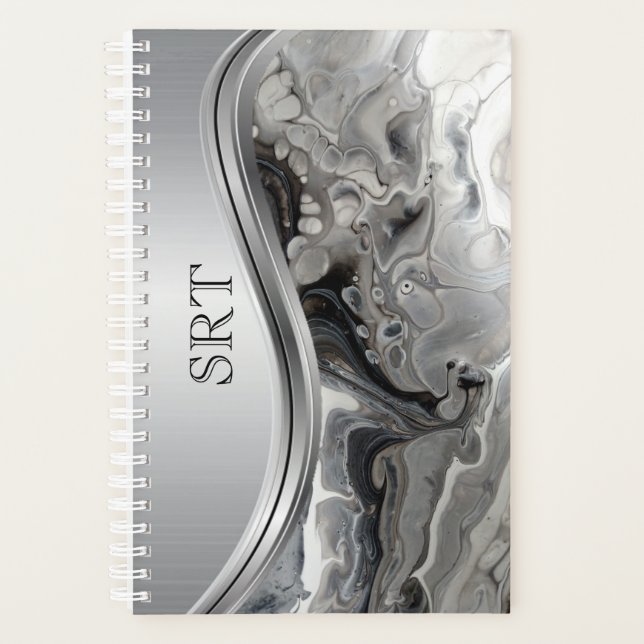 Argent Noir Fluid Art Métal Monogramme (Devant)