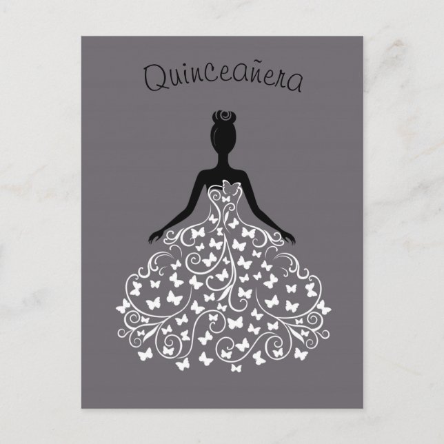 Argent Noir Papillon Gown Quinceanera Invitation (Devant)
