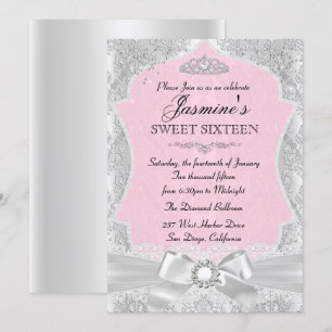 Argent rose Damask Bow Sweet 16 Invitation